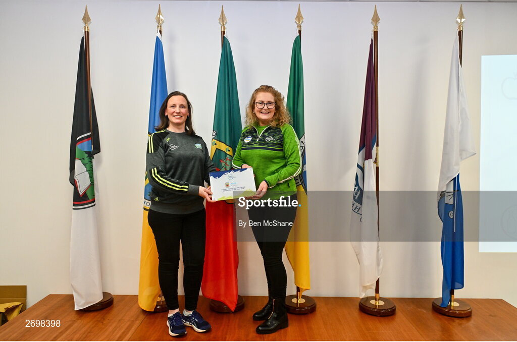 14 December 2023; Fran Downey, Mayo GAA chairperson of Health and Wellbeing, left, and Noreen Johnston, Mayo GAA secretary of Health and Wellbeing, showcasing the award of Mayo GAA winning the All-Ireland County Health and Wellbeing Community of the Year 2023 during the Connacht Irish Life GAA Healthy Clubs recognition event at the Connacht GAA Centre of Excellence in Bekan, Mayo. Photo by Ben McShane/Sportsfile