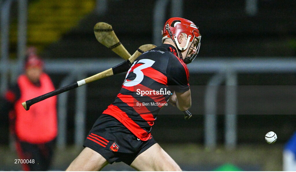 16 December 2023; Patrick Fitzgerald of Ballygunner scores his side's first goal, as a hurl is thrown at him, during the AIB GAA Hurling All-Ireland Senior Club Championship semi-final match between St Thomas' of Galway and Ballygunner of Waterford at Laois Hire O'Moore Park in Portlaoise, Laois. Photo by Ben McShane/Sportsfile