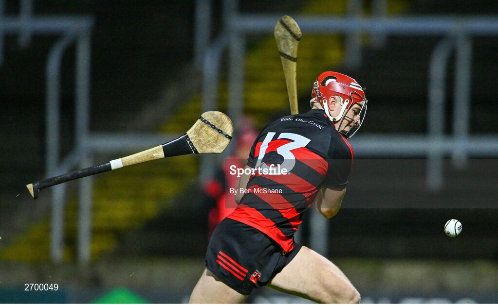16 December 2023; Patrick Fitzgerald of Ballygunner scores his side's first goal, as a hurl is thrown at him, during the AIB GAA Hurling All-Ireland Senior Club Championship semi-final match between St Thomas' of Galway and Ballygunner of Waterford at Laois Hire O'Moore Park in Portlaoise, Laois. Photo by Ben McShane/Sportsfile