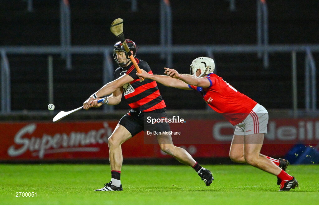 16 December 2023; Shane O'Sullivan of Ballygunner is tackled by Darragh Burke of St Thomas' during the AIB GAA Hurling All-Ireland Senior Club Championship semi-final match between St Thomas' of Galway and Ballygunner of Waterford at Laois Hire O'Moore Park in Portlaoise, Laois. Photo by Ben McShane/Sportsfile