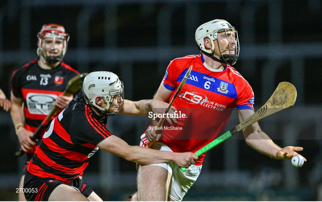 16 December 2023; Shane Cooney of St Thomas' in action against Shane O'Sullivan of Ballygunner during the AIB GAA Hurling All-Ireland Senior Club Championship semi-final match between St Thomas' of Galway and Ballygunner of Waterford at Laois Hire O'Moore Park in Portlaoise, Laois. Photo by Ben McShane/Sportsfile