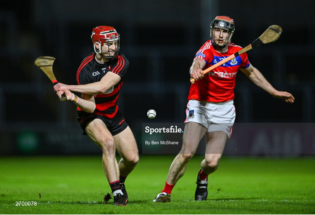 16 December 2023; Patrick Fitzgerald of Ballygunner in action against Cathal Burke of St Thomas' during the AIB GAA Hurling All-Ireland Senior Club Championship semi-final match between St Thomas' of Galway and Ballygunner of Waterford at Laois Hire O'Moore Park in Portlaoise, Laois. Photo by Ben McShane/Sportsfile