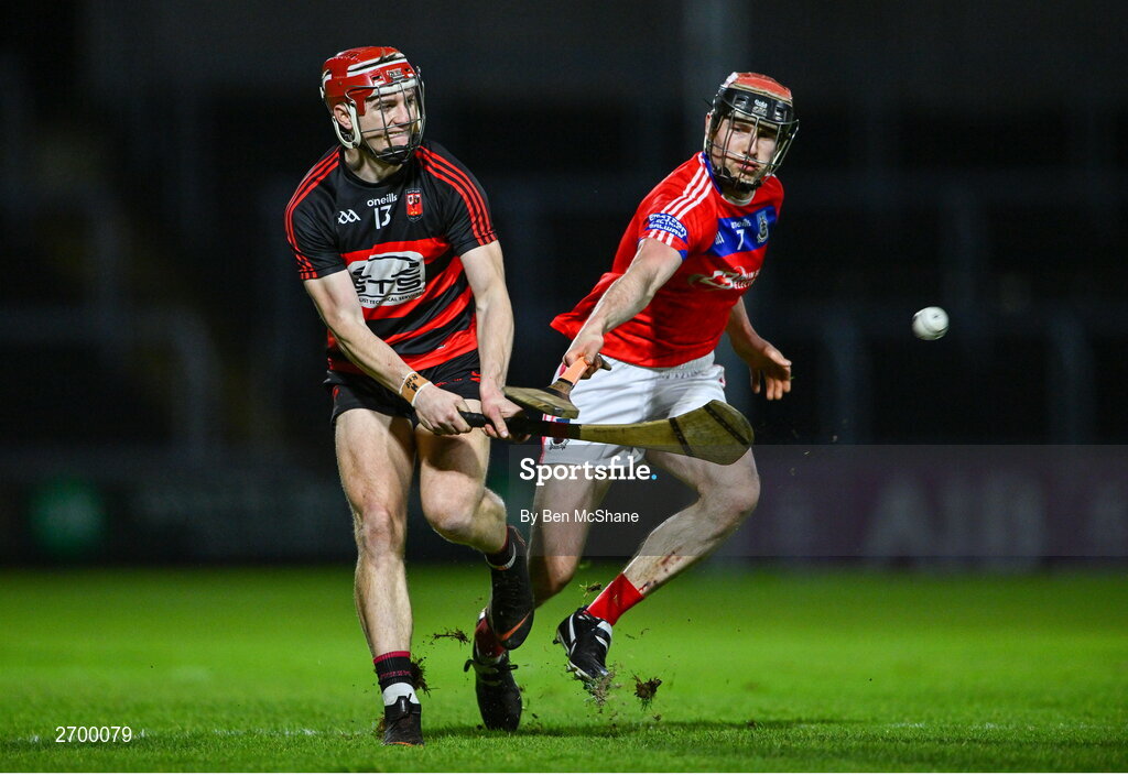 16 December 2023; Patrick Fitzgerald of Ballygunner in action against Cathal Burke of St Thomas' during the AIB GAA Hurling All-Ireland Senior Club Championship semi-final match between St Thomas' of Galway and Ballygunner of Waterford at Laois Hire O'Moore Park in Portlaoise, Laois. Photo by Ben McShane/Sportsfile