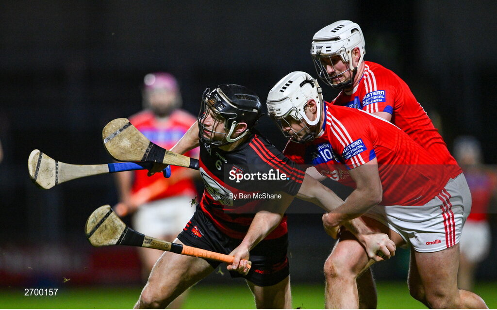 16 December 2023; Philip Mahony of Ballygunner is tackled by Darragh Burke, centre, and Eanna Burke of St Thomas' during the AIB GAA Hurling All-Ireland Senior Club Championship semi-final match between St Thomas' of Galway and Ballygunner of Waterford at Laois Hire O'Moore Park in Portlaoise, Laois. Photo by Ben McShane/Sportsfile