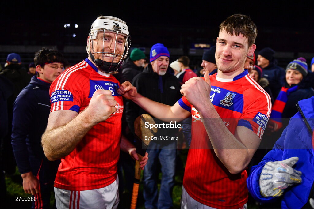 16 December 2023; Shane Cooney, left, and David Sherry of St Thomas' celebrate after the AIB GAA Hurling All-Ireland Senior Club Championship semi-final match between St Thomas' of Galway and Ballygunner of Waterford at Laois Hire O'Moore Park in Portlaoise, Laois. Photo by Ben McShane/Sportsfile