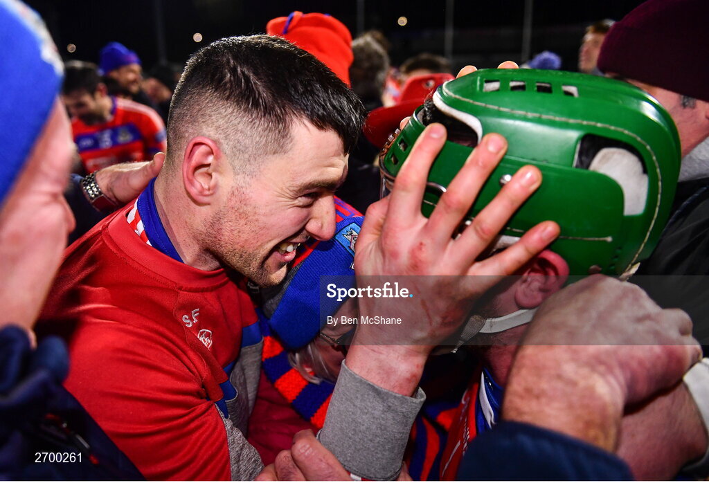 16 December 2023; Seán Fallon, left, and St Thomas' goalkeeper Gerald Kelly celebrate after the AIB GAA Hurling All-Ireland Senior Club Championship semi-final match between St Thomas' of Galway and Ballygunner of Waterford at Laois Hire O'Moore Park in Portlaoise, Laois. Photo by Ben McShane/Sportsfile