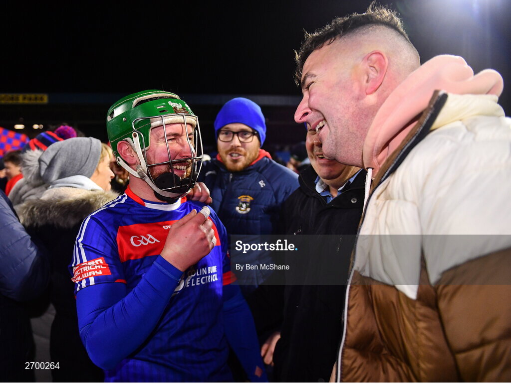 16 December 2023; St Thomas' goalkeeper Gerald Kelly celebrates with supporters after the AIB GAA Hurling All-Ireland Senior Club Championship semi-final match between St Thomas' of Galway and Ballygunner of Waterford at Laois Hire O'Moore Park in Portlaoise, Laois. Photo by Ben McShane/Sportsfile