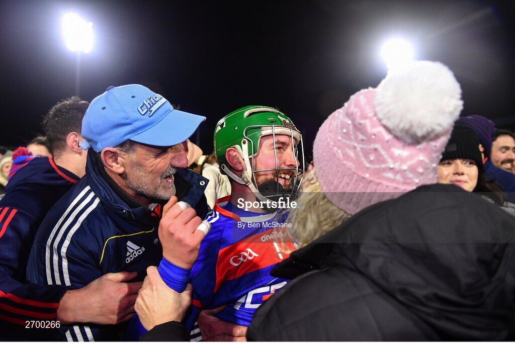 16 December 2023; St Thomas' goalkeeper Gerald Kelly celebrates with supporters after the AIB GAA Hurling All-Ireland Senior Club Championship semi-final match between St Thomas' of Galway and Ballygunner of Waterford at Laois Hire O'Moore Park in Portlaoise, Laois. Photo by Ben McShane/Sportsfile
