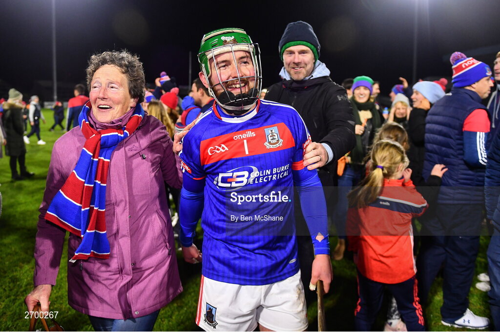 16 December 2023; St Thomas' goalkeeper Gerald Kelly celebrates with supporters after the AIB GAA Hurling All-Ireland Senior Club Championship semi-final match between St Thomas' of Galway and Ballygunner of Waterford at Laois Hire O'Moore Park in Portlaoise, Laois. Photo by Ben McShane/Sportsfile