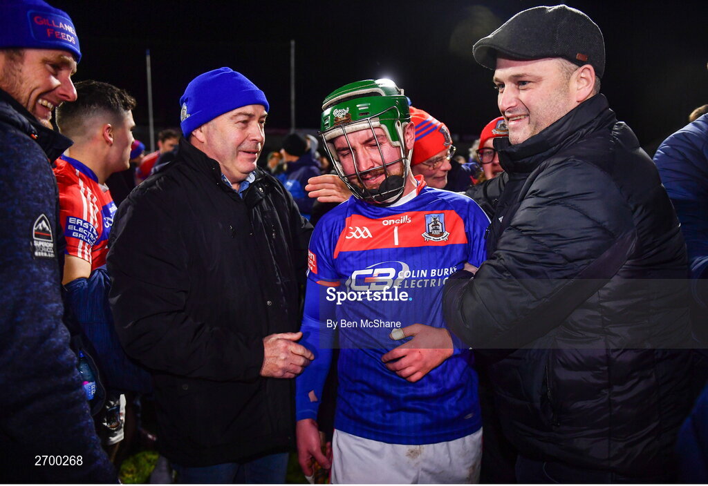 16 December 2023; St Thomas' goalkeeper Gerald Kelly celebrates with supporters after the AIB GAA Hurling All-Ireland Senior Club Championship semi-final match between St Thomas' of Galway and Ballygunner of Waterford at Laois Hire O'Moore Park in Portlaoise, Laois. Photo by Ben McShane/Sportsfile