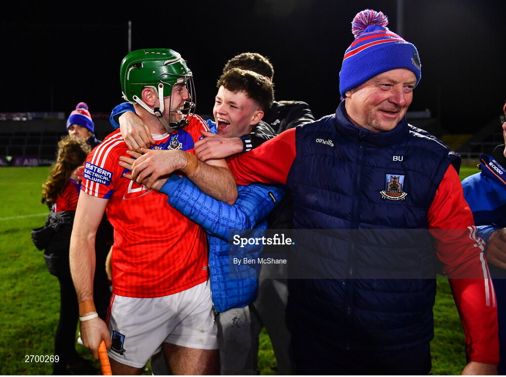 16 December 2023; Evan Duggan of St Thomas' celebrates with supporters after the AIB GAA Hurling All-Ireland Senior Club Championship semi-final match between St Thomas' of Galway and Ballygunner of Waterford at Laois Hire O'Moore Park in Portlaoise, Laois. Photo by Ben McShane/Sportsfile