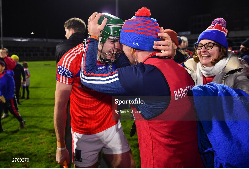 16 December 2023; Evan Duggan of St Thomas' and St Thomas' manager Kenneth Burke celebrate after the AIB GAA Hurling All-Ireland Senior Club Championship semi-final match between St Thomas' of Galway and Ballygunner of Waterford at Laois Hire O'Moore Park in Portlaoise, Laois. Photo by Ben McShane/Sportsfile