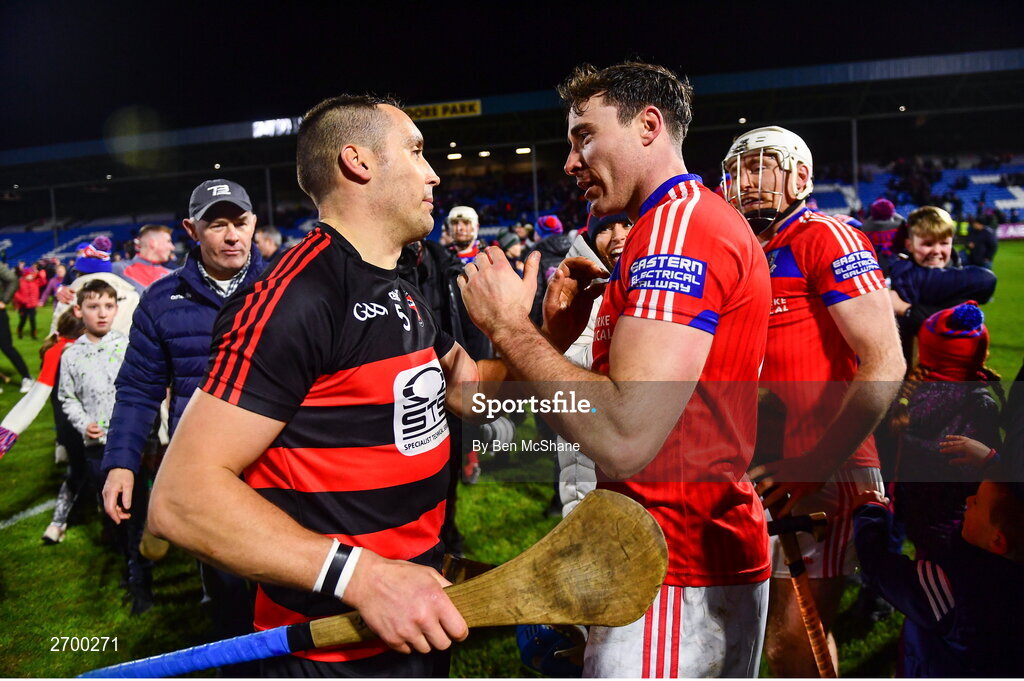 16 December 2023; Shane O'Sullivan of Ballygunner and Conor Cooney of St Thomas' after the AIB GAA Hurling All-Ireland Senior Club Championship semi-final match between St Thomas' of Galway and Ballygunner of Waterford at Laois Hire O'Moore Park in Portlaoise, Laois. Photo by Ben McShane/Sportsfile