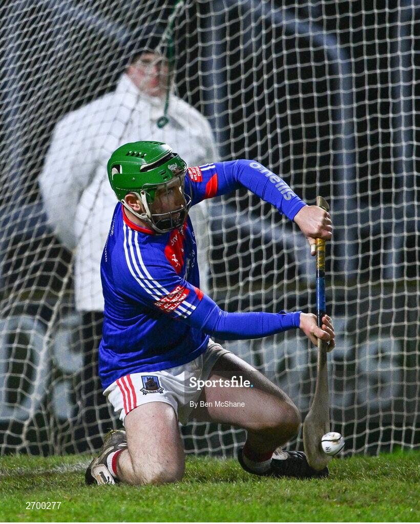 16 December 2023; St Thomas' goalkeeper Gerald Kelly saves a penalty in the penalty shootout during the AIB GAA Hurling All-Ireland Senior Club Championship semi-final match between St Thomas' of Galway and Ballygunner of Waterford at Laois Hire O'Moore Park in Portlaoise, Laois. Photo by Ben McShane/Sportsfile