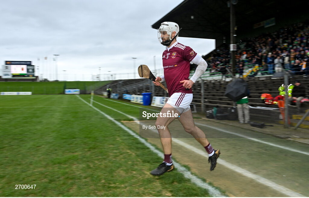 17 December 2023; Ruairí Óg Cushendall captain Neil McManus leads his side out before the AIB GAA Hurling All-Ireland Club Championship semi-final match between O'Loughlin Gaels, Kilkenny, and Ruairí Óg Cushendall, Antrim, at Páirc Tailteann in Navan, Meath. Photo by Seb Daly/Sportsfile
