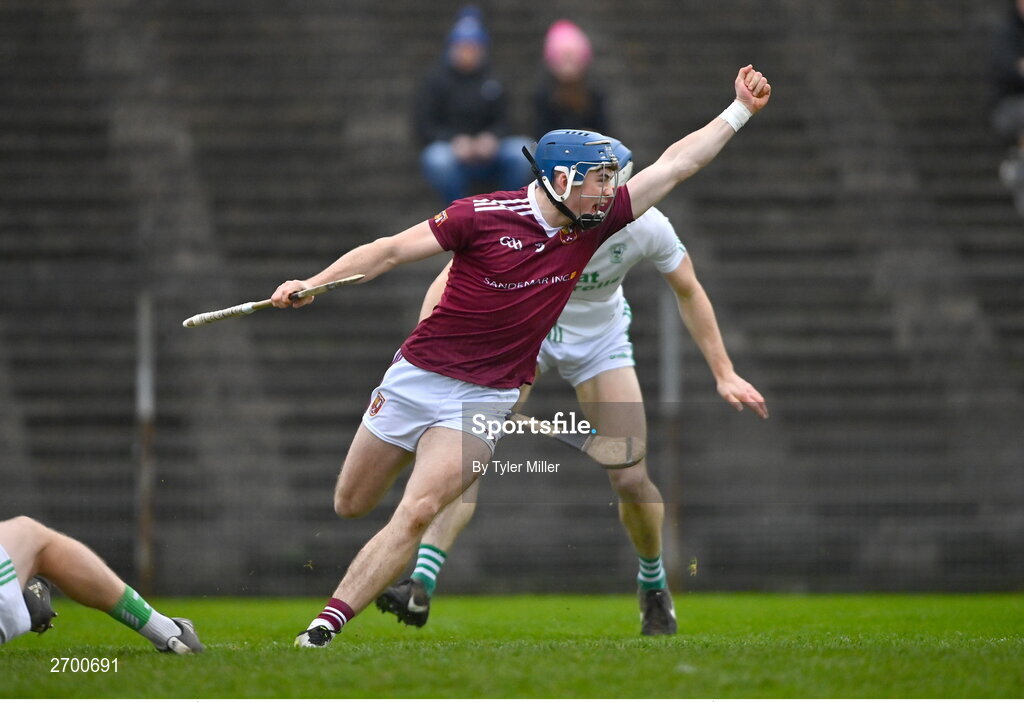 17 December 2023; Joseph McLaughlin of Ruairí Óg Cushendall celebrates after scoring his side's first goal during the AIB GAA Hurling All-Ireland Club Championship semi-final match between O'Loughlin Gaels, Kilkenny, and Ruairí Óg Cushendall, Antrim, at Páirc Tailteann in Navan, Meath. Photo by Tyler Miller/Sportsfile