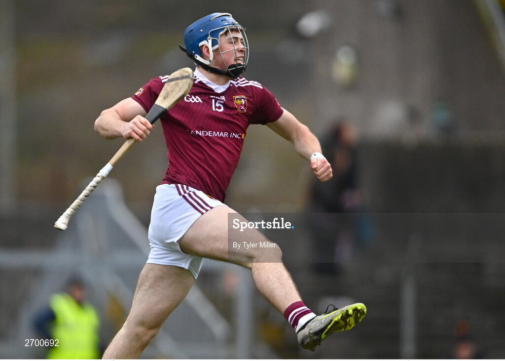17 December 2023; Joseph McLaughlin of Ruairí Óg Cushendall celebrates after scoring his side's first goal during the AIB GAA Hurling All-Ireland Club Championship semi-final match between O'Loughlin Gaels, Kilkenny, and Ruairí Óg Cushendall, Antrim, at Páirc Tailteann in Navan, Meath. Photo by Tyler Miller/Sportsfile