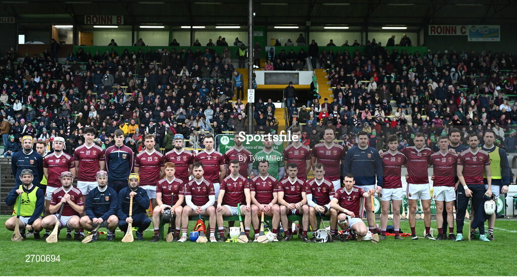 17 December 2023; The Ruairí Óg Cushendall panel pose for a team photograph during the AIB GAA Hurling All-Ireland Club Championship semi-final match between O'Loughlin Gaels, Kilkenny, and Ruairí Óg Cushendall, Antrim, at Páirc Tailteann in Navan, Meath. Photo by Tyler Miller/Sportsfile