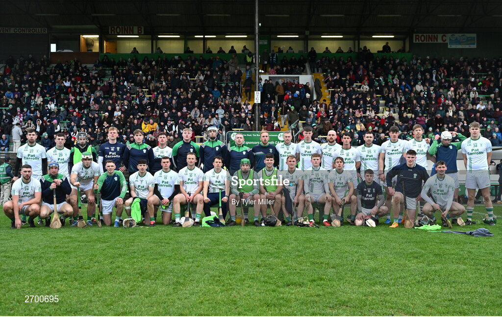 17 December 2023; The O'Loughlin Gaels panel pose for a team photograph before the AIB GAA Hurling All-Ireland Club Championship semi-final match between O'Loughlin Gaels, Kilkenny, and Ruairí Óg Cushendall, Antrim, at Páirc Tailteann in Navan, Meath. Photo by Tyler Miller/Sportsfile