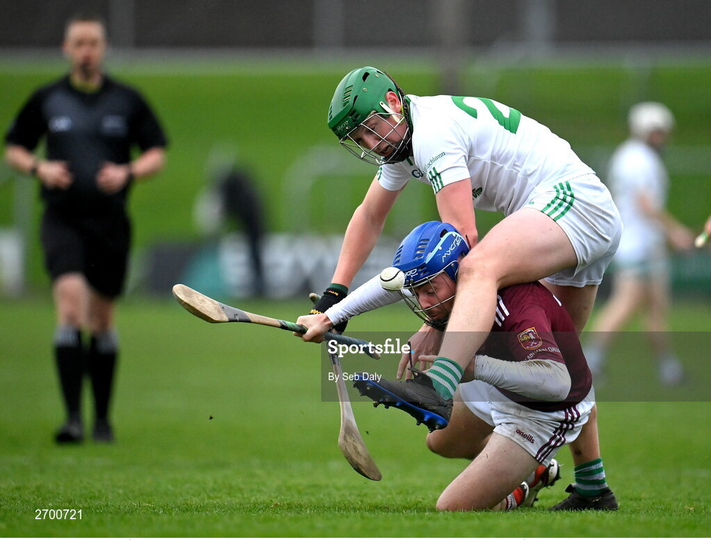17 December 2023; Liam Gillan of Ruairí Óg Cushendall in action against Luke Hogan of O’Loughlin Gaels during the AIB GAA Hurling All-Ireland Club Championship semi-final match between O'Loughlin Gaels, Kilkenny, and Ruairí Óg Cushendall, Antrim, at Páirc Tailteann in Navan, Meath. Photo by Seb Daly/Sportsfile