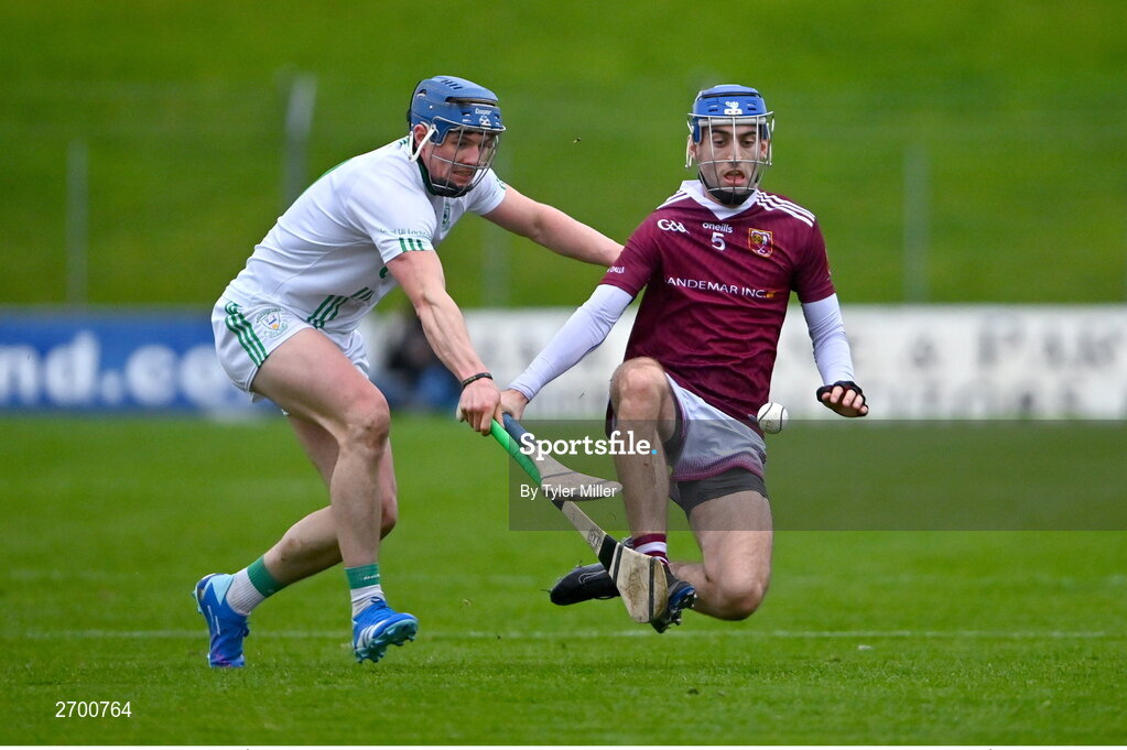 17 December 2023; Scott Walsh of Ruairí Óg Cushendall is tackled by Eoin O’Shea of O’Loughlin Gaels during the AIB GAA Hurling All-Ireland Club Championship semi-final match between O'Loughlin Gaels, Kilkenny, and Ruairí Óg Cushendall, Antrim, at Páirc Tailteann in Navan, Meath. Photo by Tyler Miller/Sportsfile