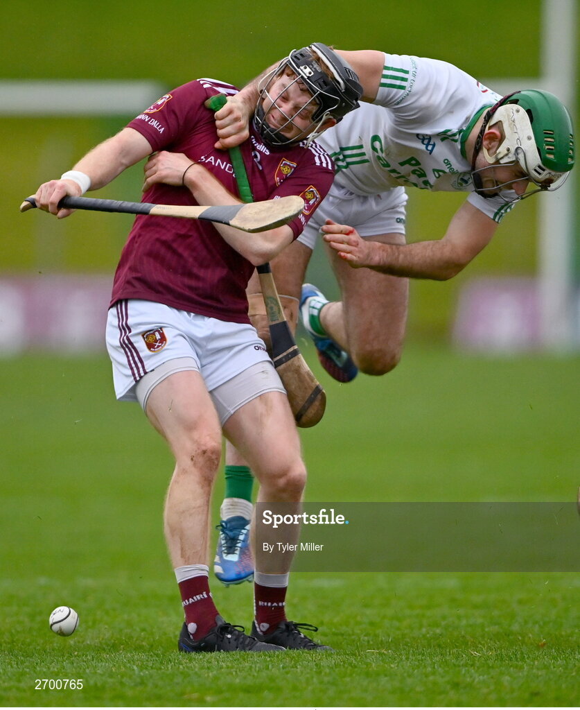 17 December 2023; Paddy Deegan of O’Loughlin Gaels collides with Fergus McCambridge of Ruairí Óg Cushendall during the AIB GAA Hurling All-Ireland Club Championship semi-final match between O'Loughlin Gaels, Kilkenny, and Ruairí Óg Cushendall, Antrim, at Páirc Tailteann in Navan, Meath. Photo by Tyler Miller/Sportsfile