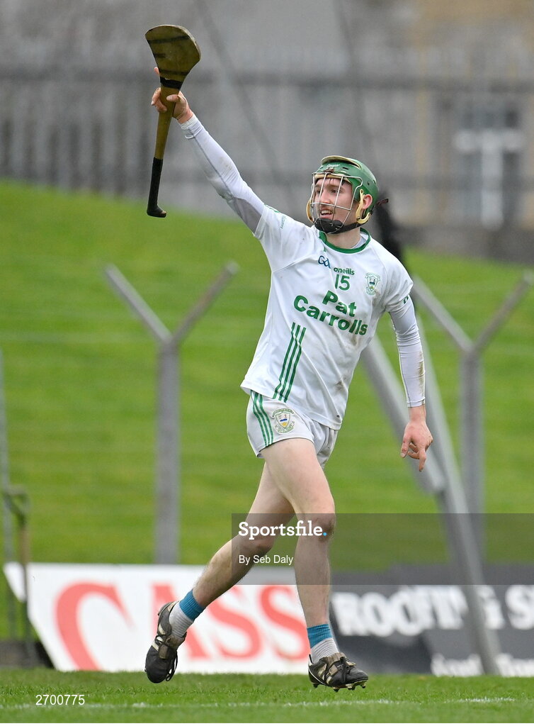 17 December 2023; Seán Bolger of O’Loughlin Gaels celebrates after scoring his side's first goal during the AIB GAA Hurling All-Ireland Club Championship semi-final match between O'Loughlin Gaels, Kilkenny, and Ruairí Óg Cushendall, Antrim, at Páirc Tailteann in Navan, Meath. Photo by Seb Daly/Sportsfile