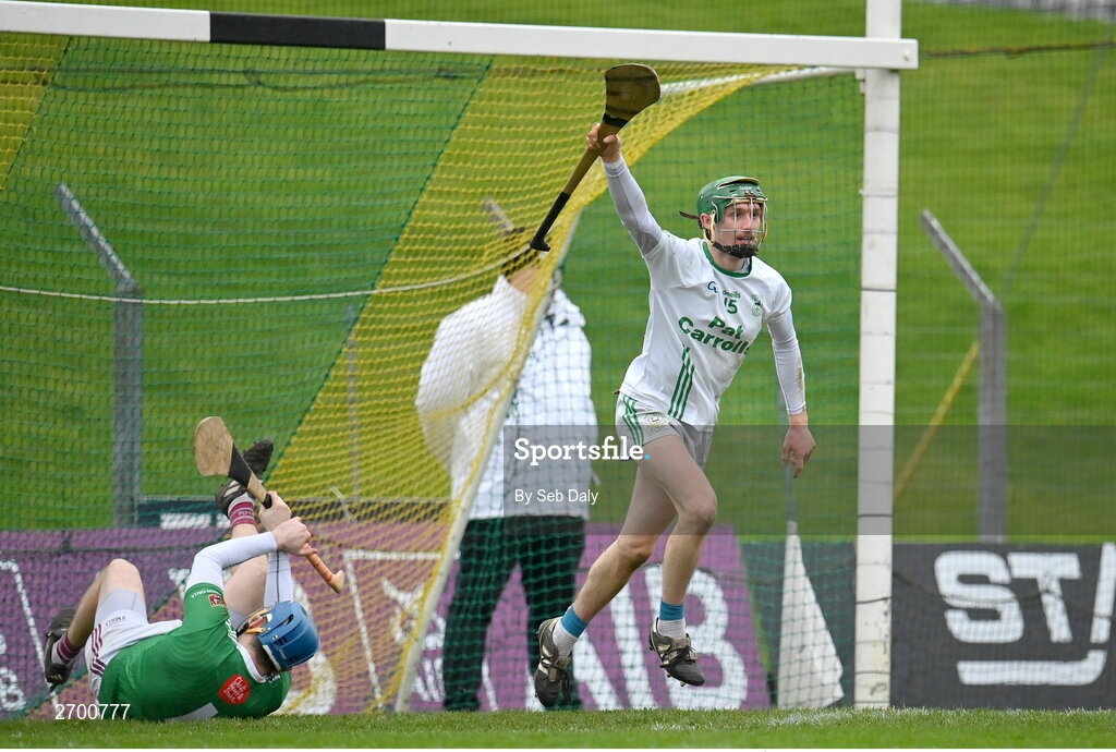 17 December 2023; Seán Bolger of O’Loughlin Gaels celebrates after scoring his side's first goal during the AIB GAA Hurling All-Ireland Club Championship semi-final match between O'Loughlin Gaels, Kilkenny, and Ruairí Óg Cushendall, Antrim, at Páirc Tailteann in Navan, Meath. Photo by Seb Daly/Sportsfile