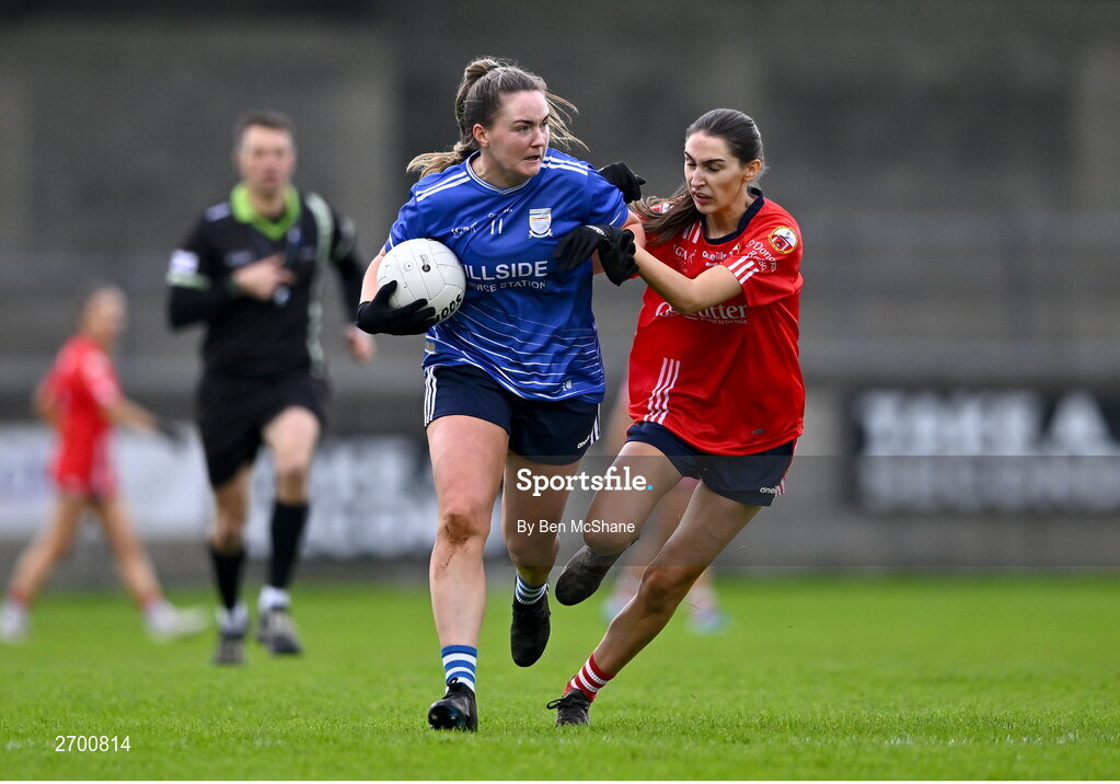 17 December 2023; Rebecca Kean of Claremorris in action against Emer McCarthy of O'Donovan Rossa during the Currentaccount.ie LGFA All-Ireland Junior Club Championship final match between Claremorris of Mayo and O'Donovan Rossa of Cork at Parnell Park in Dublin. Photo by Ben McShane/Sportsfile