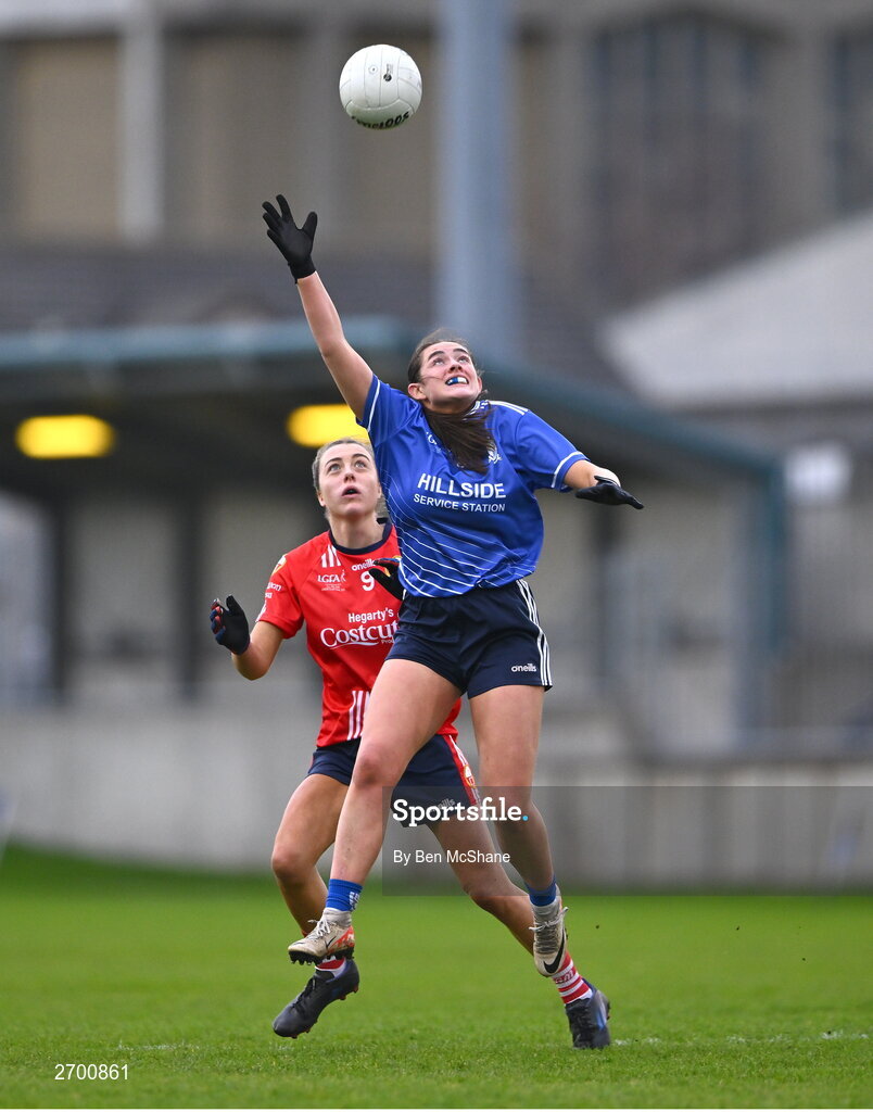 17 December 2023; Alana Fitzpatrick of Claremorris in action against Triona Murphy of O'Donovan Rossa during the Currentaccount.ie LGFA All-Ireland Junior Club Championship final match between Claremorris of Mayo and O'Donovan Rossa of Cork at Parnell Park in Dublin. Photo by Ben McShane/Sportsfile