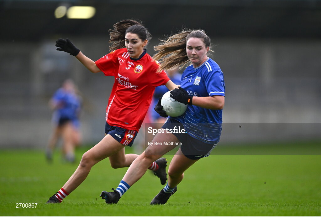 17 December 2023; Rebecca Kean of Claremorris in action against Emer McCarthy of O'Donovan Rossa during the Currentaccount.ie LGFA All-Ireland Junior Club Championship final match between Claremorris of Mayo and O'Donovan Rossa of Cork at Parnell Park in Dublin. Photo by Ben McShane/Sportsfile
