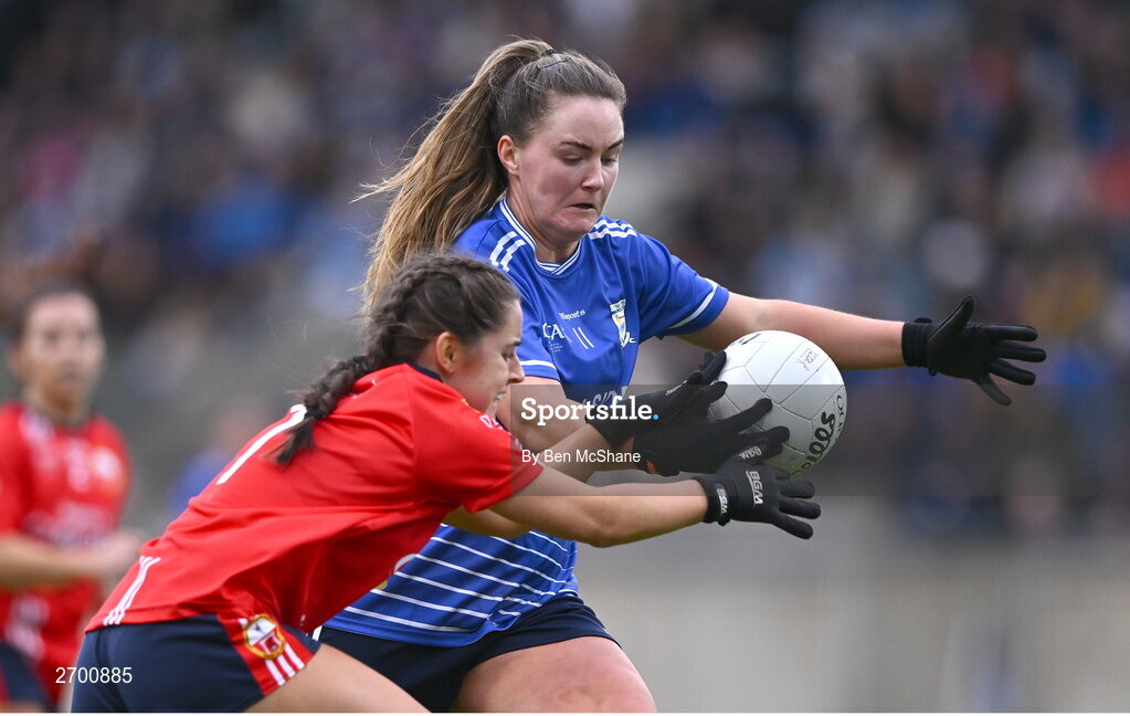 17 December 2023; Rebecca Kean of Claremorris in action against Lisa Harte of O'Donovan Rossa during the Currentaccount.ie LGFA All-Ireland Junior Club Championship final match between Claremorris of Mayo and O'Donovan Rossa of Cork at Parnell Park in Dublin. Photo by Ben McShane/Sportsfile