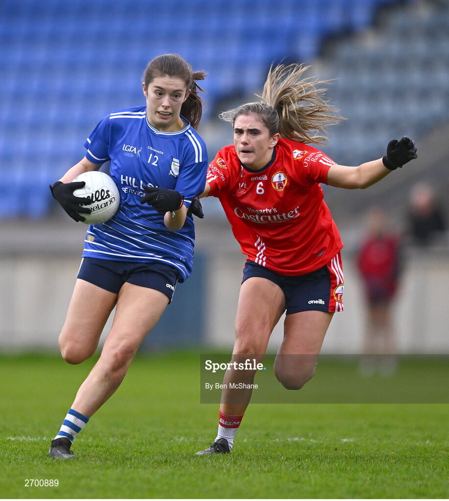 17 December 2023; Bree Hession of Claremorris in action against Sarah Hurley of O'Donovan Rossa during the Currentaccount.ie LGFA All-Ireland Junior Club Championship final match between Claremorris of Mayo and O'Donovan Rossa of Cork at Parnell Park in Dublin. Photo by Ben McShane/Sportsfile
