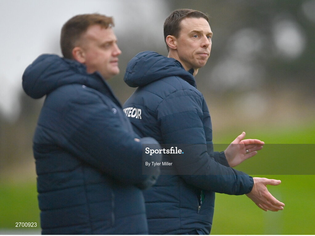 17 December 2023; O'Loughlin Gaels manager Brian Hogan reacts as his side score a point during the AIB GAA Hurling All-Ireland Club Championship semi-final match between O'Loughlin Gaels, Kilkenny, and Ruairí Óg Cushendall, Antrim, at Páirc Tailteann in Navan, Meath. Photo by Tyler Miller/Sportsfile