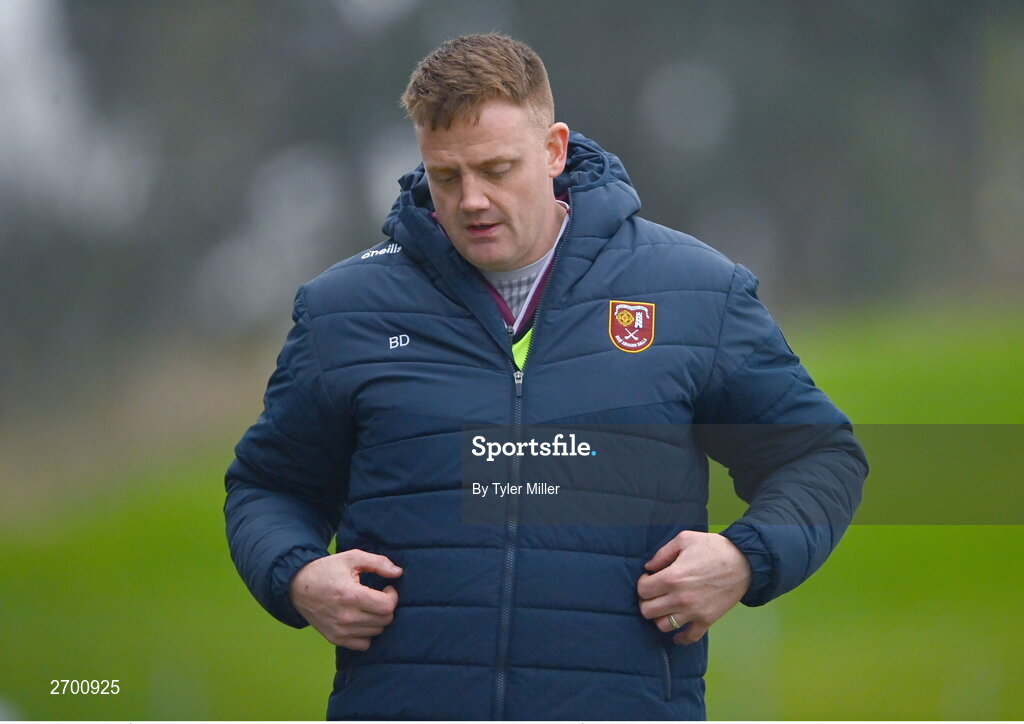 17 December 2023; Ruairí Óg Cushendall manager Brian Delargy during the AIB GAA Hurling All-Ireland Club Championship semi-final match between O'Loughlin Gaels, Kilkenny, and Ruairí Óg Cushendall, Antrim, at Páirc Tailteann in Navan, Meath. Photo by Tyler Miller/Sportsfile