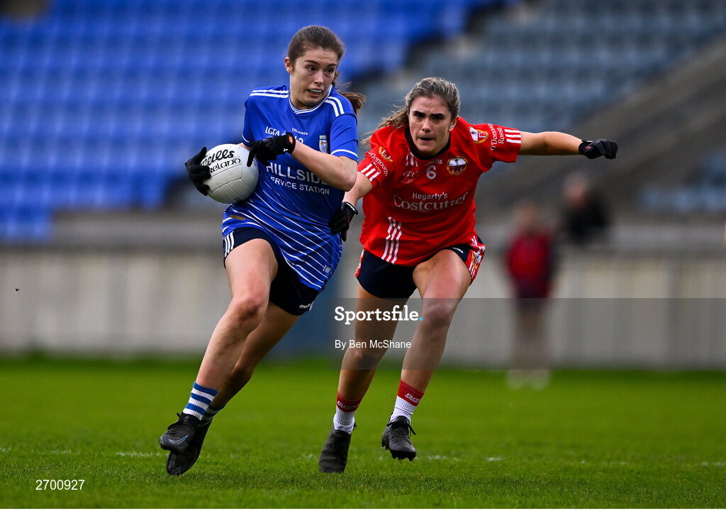 17 December 2023; Bree Hession of Claremorris in action against Sarah Hurley of O'Donovan Rossa during the Currentaccount.ie LGFA All-Ireland Junior Club Championship final match between Claremorris of Mayo and O'Donovan Rossa of Cork at Parnell Park in Dublin. Photo by Ben McShane/Sportsfile