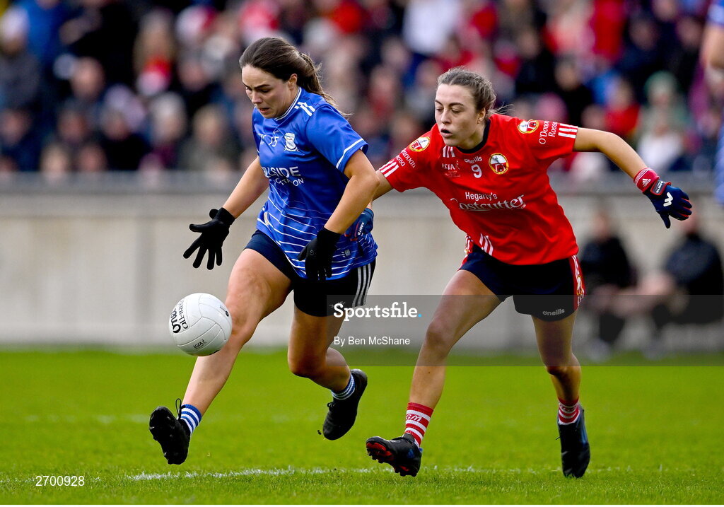 17 December 2023; Laura Kelly of Claremorris in action against Triona Murphy of O'Donovan Rossa during the Currentaccount.ie LGFA All-Ireland Junior Club Championship final match between Claremorris of Mayo and O'Donovan Rossa of Cork at Parnell Park in Dublin. Photo by Ben McShane/Sportsfile