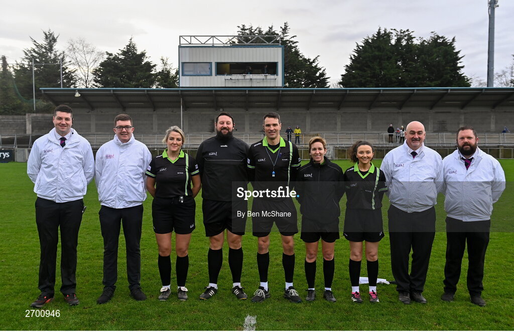 17 December 2023; Referee Ray McBride with his team of officials before the Currentaccount.ie LGFA All-Ireland Junior Club Championship final match between Claremorris of Mayo and O'Donovan Rossa of Cork at Parnell Park in Dublin. Photo by Ben McShane/Sportsfile