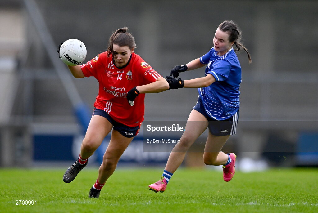 17 December 2023; Kate O'Donovan of O'Donovan Rossa in action against Aisling Cummins of Claremorris during the Currentaccount.ie LGFA All-Ireland Junior Club Championship final match between Claremorris of Mayo and O'Donovan Rossa of Cork at Parnell Park in Dublin. Photo by Ben McShane/Sportsfile