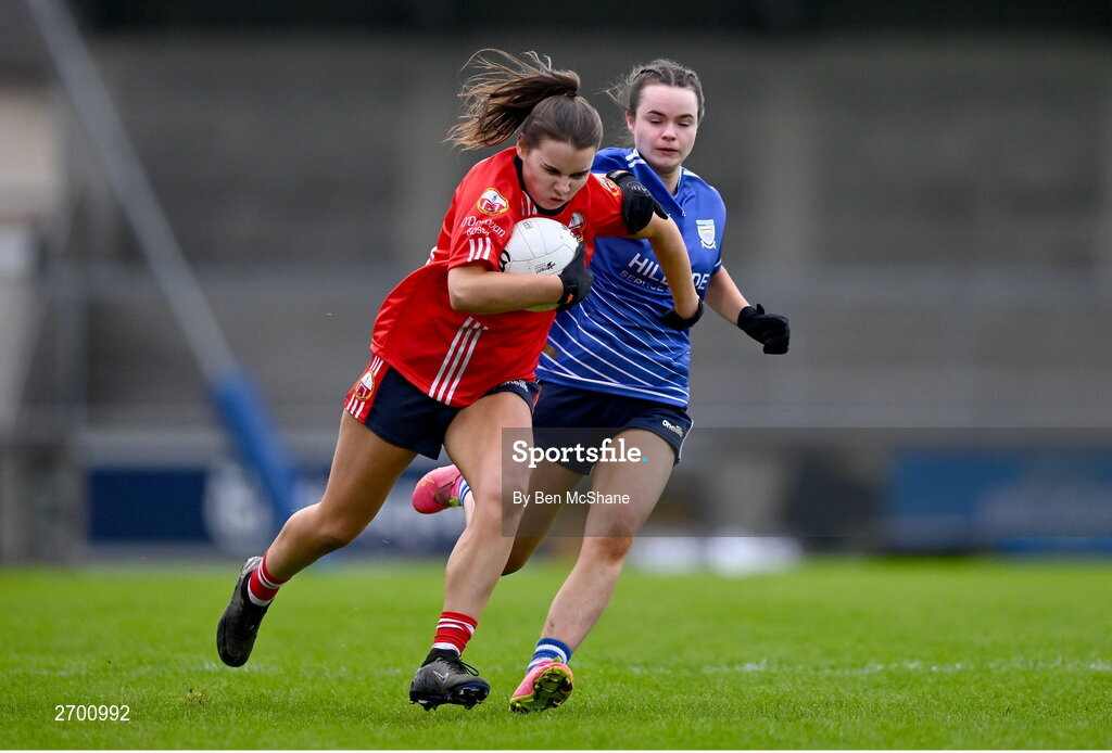 17 December 2023; Kate O'Donovan of O'Donovan Rossa in action against Aisling Cummins of Claremorris during the Currentaccount.ie LGFA All-Ireland Junior Club Championship final match between Claremorris of Mayo and O'Donovan Rossa of Cork at Parnell Park in Dublin. Photo by Ben McShane/Sportsfile