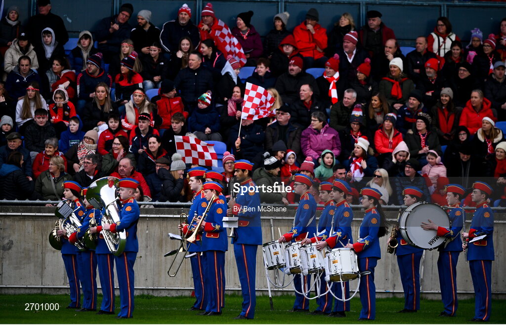 17 December 2023; Members of the Artane Band stand at attention before the Currentaccount.ie LGFA All-Ireland Junior Club Championship final match between Claremorris of Mayo and O'Donovan Rossa of Cork at Parnell Park in Dublin. Photo by Ben McShane/Sportsfile