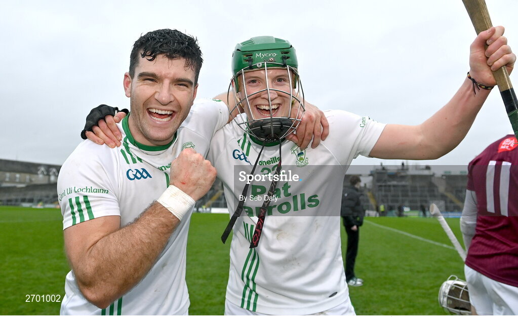 17 December 2023; O'Loughlin Gaels players Conor Heary, left, and Luke Hogan celebrate after their side's victory in the AIB GAA Hurling All-Ireland Club Championship semi-final match between O'Loughlin Gaels, Kilkenny, and Ruairí Óg Cushendall, Antrim, at Páirc Tailteann in Navan, Meath. Photo by Seb Daly/Sportsfile