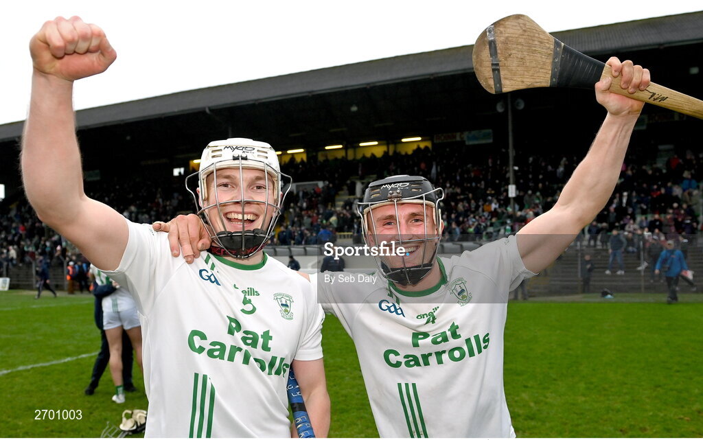 17 December 2023; O'Loughlin Gaels players David Fogarty, left, and Mikey Butler celebrate after their side's victory in the AIB GAA Hurling All-Ireland Club Championship semi-final match between O'Loughlin Gaels, Kilkenny, and Ruairí Óg Cushendall, Antrim, at Páirc Tailteann in Navan, Meath. Photo by Seb Daly/Sportsfile