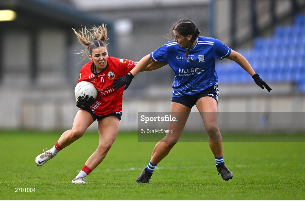 17 December 2023; Emma Hurley of O'Donovan Rossa in action against Deirbhile Horkan of Claremorris during the Currentaccount.ie LGFA All-Ireland Junior Club Championship final match between Claremorris of Mayo and O'Donovan Rossa of Cork at Parnell Park in Dublin. Photo by Ben McShane/Sportsfile