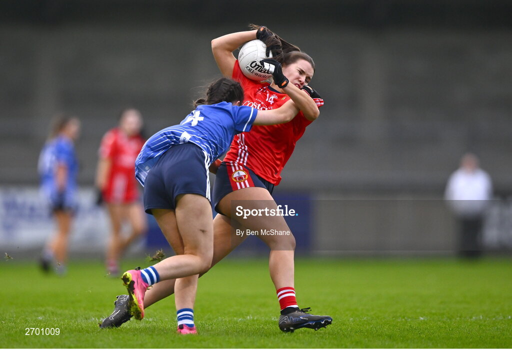 17 December 2023; Kate O'Donovan of O'Donovan Rossa in action against Aisling Cummins of Claremorris during the Currentaccount.ie LGFA All-Ireland Junior Club Championship final match between Claremorris of Mayo and O'Donovan Rossa of Cork at Parnell Park in Dublin. Photo by Ben McShane/Sportsfile