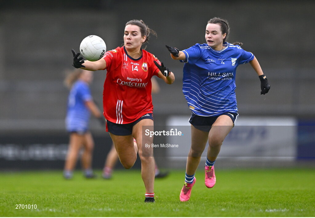 17 December 2023; Kate O'Donovan of O'Donovan Rossa in action against Aisling Cummins of Claremorris during the Currentaccount.ie LGFA All-Ireland Junior Club Championship final match between Claremorris of Mayo and O'Donovan Rossa of Cork at Parnell Park in Dublin. Photo by Ben McShane/Sportsfile