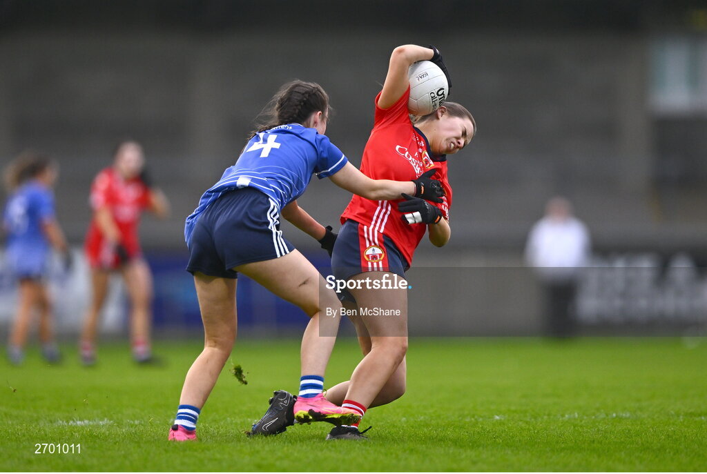 17 December 2023; Kate O'Donovan of O'Donovan Rossa in action against Aisling Cummins of Claremorris during the Currentaccount.ie LGFA All-Ireland Junior Club Championship final match between Claremorris of Mayo and O'Donovan Rossa of Cork at Parnell Park in Dublin. Photo by Ben McShane/Sportsfile