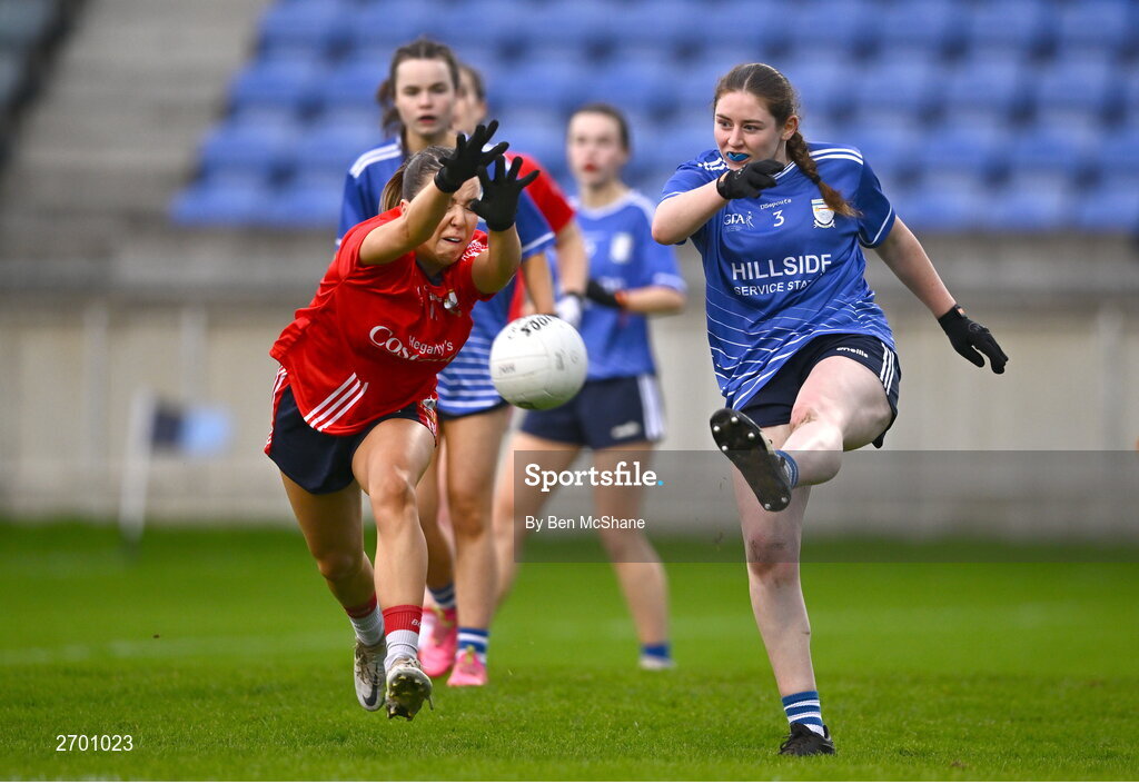 17 December 2023; Ellie Maguire of Claremorris in action against Emma Hurley of O'Donovan Rossa during the Currentaccount.ie LGFA All-Ireland Junior Club Championship final match between Claremorris of Mayo and O'Donovan Rossa of Cork at Parnell Park in Dublin. Photo by Ben McShane/Sportsfile