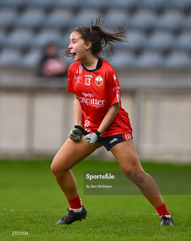 17 December 2023; Éabha O'Donovan of O'Donovan Rossa celebrates after scoring her side's second goal during the Currentaccount.ie LGFA All-Ireland Junior Club Championship final match between Claremorris of Mayo and O'Donovan Rossa of Cork at Parnell Park in Dublin. Photo by Ben McShane/Sportsfile
