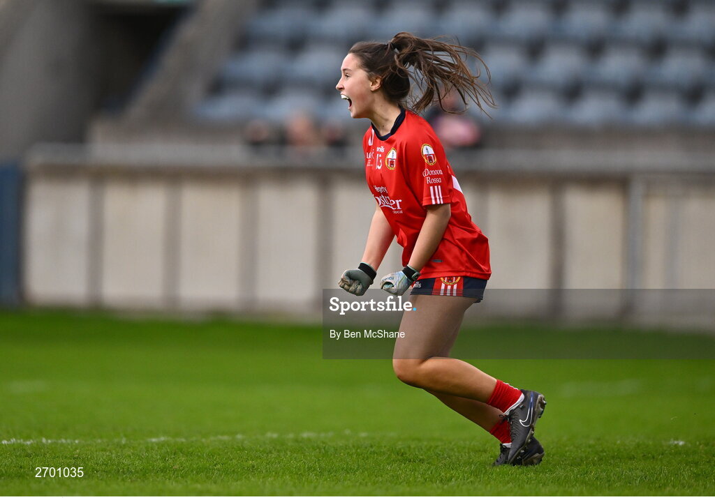 17 December 2023; Éabha O'Donovan of O'Donovan Rossa celebrates after scoring her side's second goal during the Currentaccount.ie LGFA All-Ireland Junior Club Championship final match between Claremorris of Mayo and O'Donovan Rossa of Cork at Parnell Park in Dublin. Photo by Ben McShane/Sportsfile